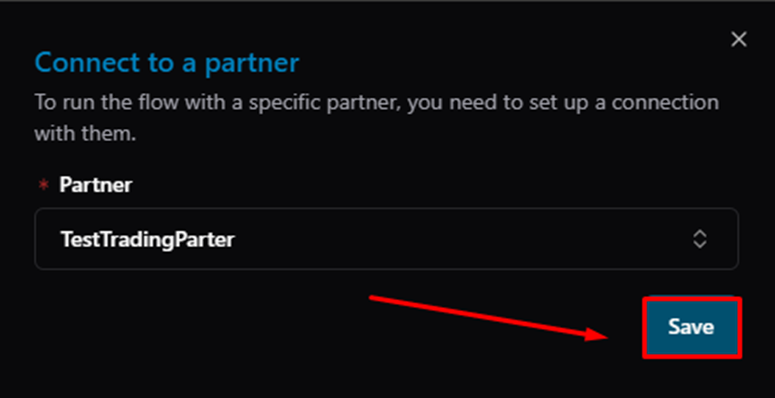 Title: Connect to a partner — partner selected, click Save - Description: Connect to a partner — partner selected, click Save