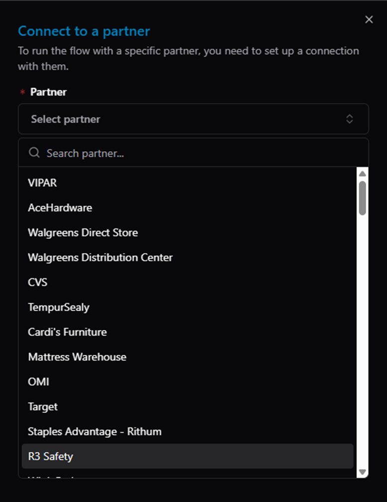 Title: Connect to a partner dialog — select from all available partners (Host and custom) - Description: Connect to a partner dialog — select from all available partners (Host and custom)