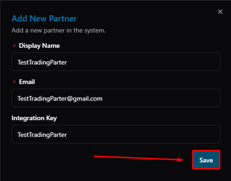Title: Add New Partner dialog — click Save - Description: Add New Partner dialog — click Save