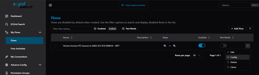 Title: Flows list — Config option in the ··· menu - Description: Flows list — Config option in the ··· menu
