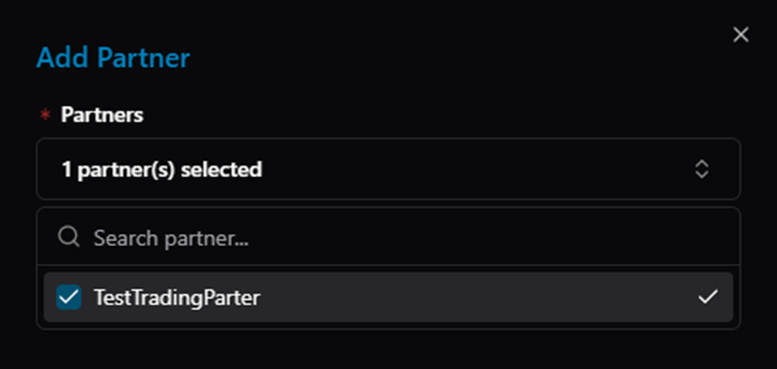 Title: Add Partner — TestTradingParter selected (checkbox checked) - Description: Add Partner — TestTradingParter selected (checkbox checked)
