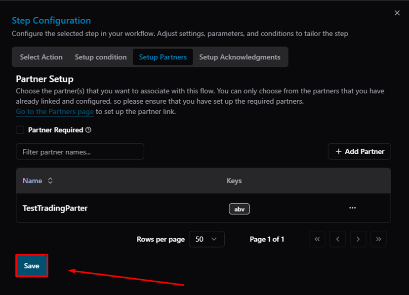 Title: Step Configuration — click Save to confirm partner assignment - Description: Step Configuration — click Save to confirm partner assignment