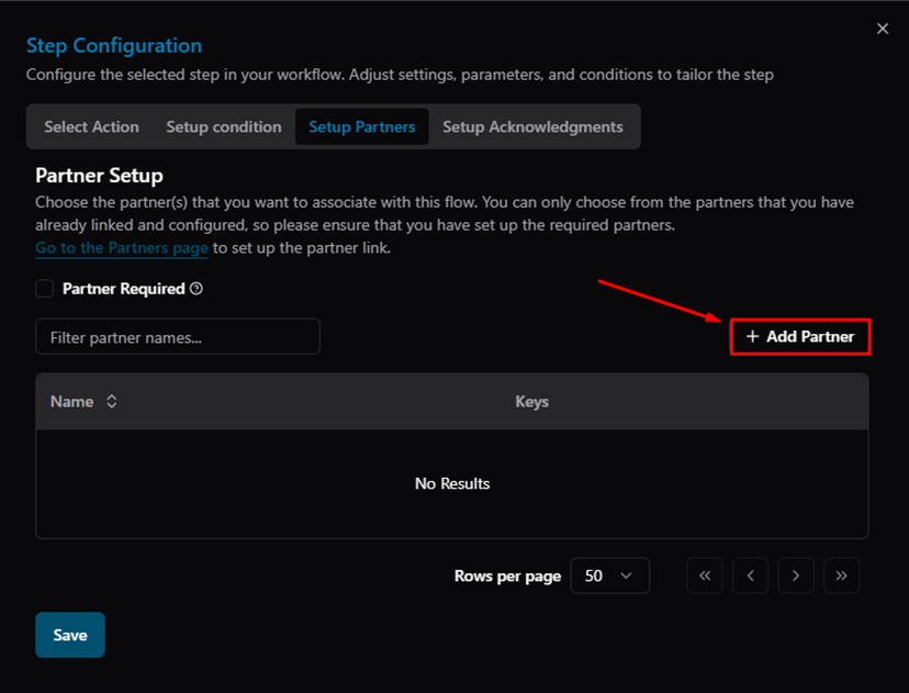 Title: Step Configuration — Setup Partners tab, + Add Partner button - Description: Step Configuration — Setup Partners tab, + Add Partner button