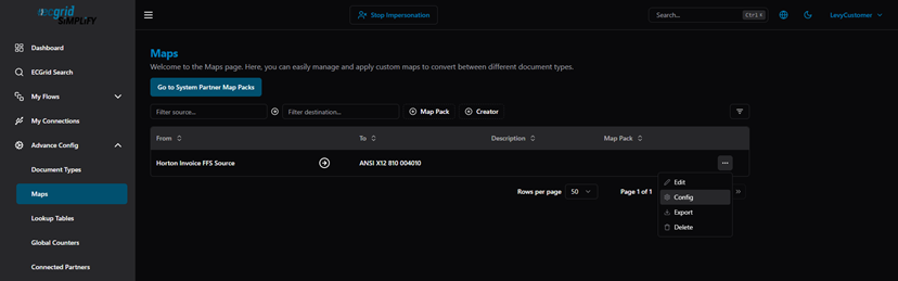 Title: Maps list — ··· actions menu (Edit / Config / Export / Delete) - Description: Maps list — ··· actions menu (Edit / Config / Export / Delete)