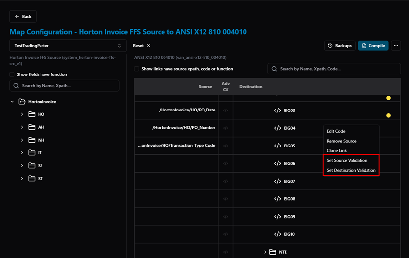 Title: Map Configuration — link context menu with Set Source Validation and Set Destination Validation options - Description: Map Configuration — link context menu with Set Source Validation and Set Destination Validation options
