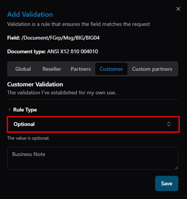 Title: Add Validation dialog — Customer tab, Rule Type: Optional (value is optional) - Description: Add Validation dialog — Customer tab, Rule Type: Optional (value is optional)