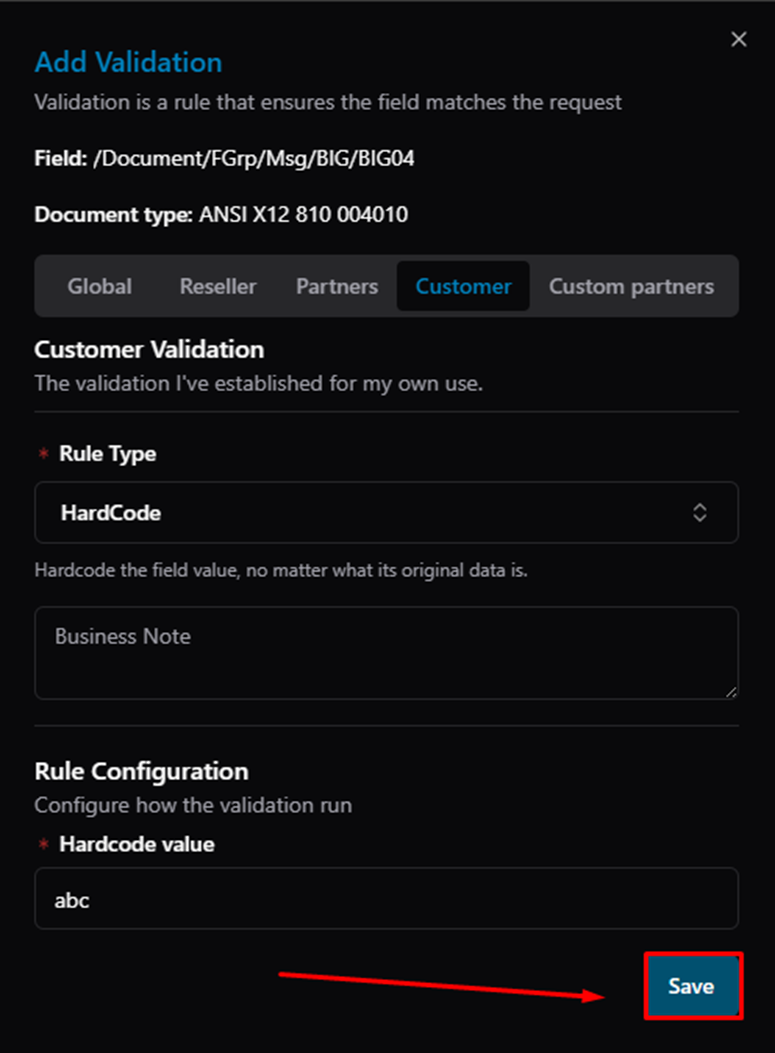 Title: Add Validation — click Save to apply the rule - Description: Add Validation — click Save to apply the rule