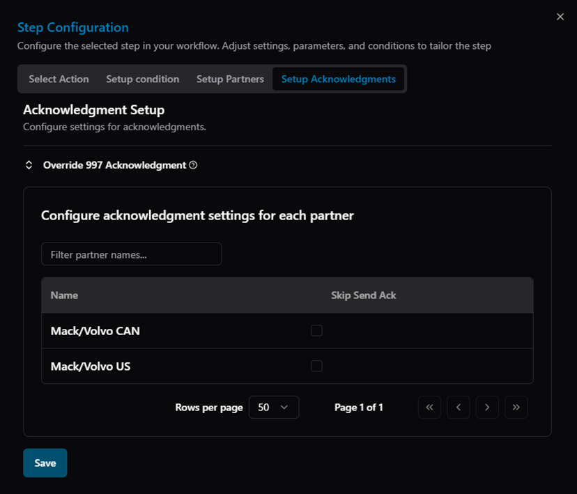 Title: Figure: Step Configuration — Setup Acknowledgments tab showing per-partner acknowledgment settings - Description: Figure: Step Configuration — Setup Acknowledgments tab showing per-partner acknowledgment settings