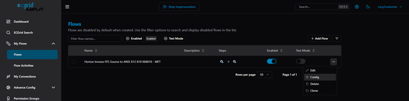 Title: Flows list — ··· menu (Edit / Config / Delete / Clone) - Description: Flows list — ··· menu (Edit / Config / Delete / Clone)