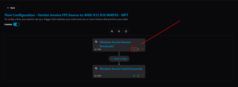 Title: Flow Configuration — settings icon on the Trigger step highlighted - Description: Flow Configuration — settings icon on the Trigger step highlighted