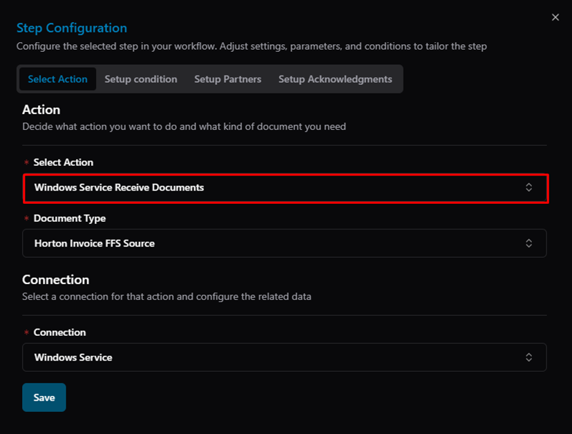 Title: Step Configuration — Select Action tab: Action (Windows Service Receive Documents), Document Type, Connection - Description: Step Configuration — Select Action tab: Action (Windows Service Receive Documents), Document Type, Connection