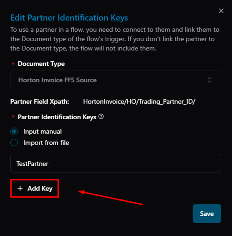 Title: Edit dialog — existing key "TestPartner" with + Add Key button - Description: Edit dialog — existing key "TestPartner" with + Add Key button
