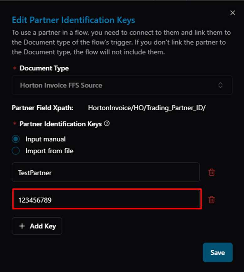 Title: Edit dialog — second key "123456789" added (one partner can have multiple keys) - Description: Edit dialog — second key "123456789" added (one partner can have multiple keys)