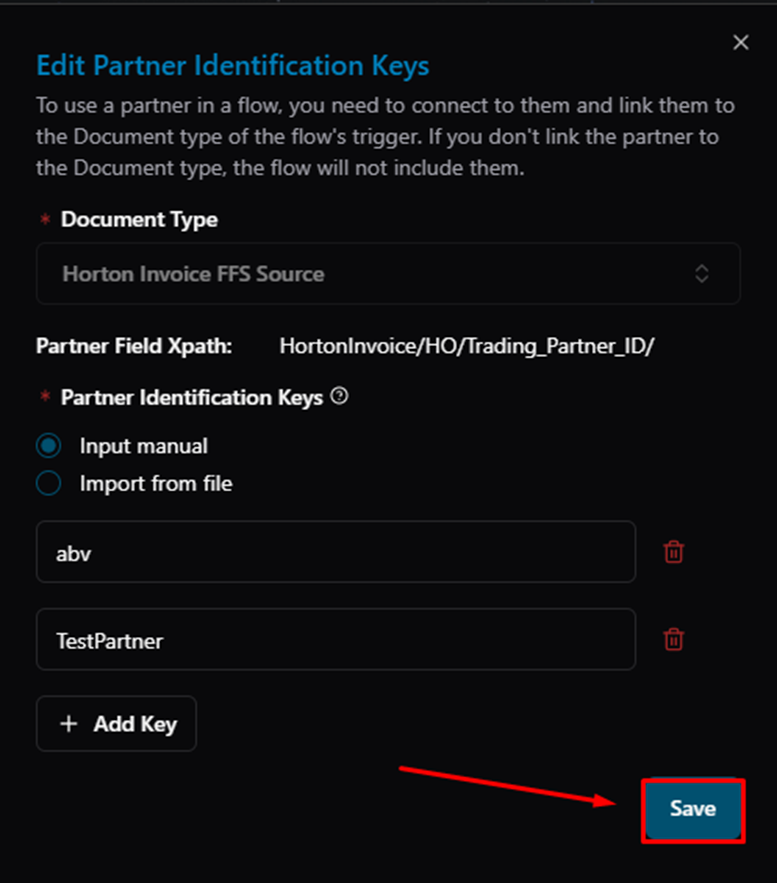 Title: Edit dialog — keys "abv" and "TestPartner" confirmed, Save button highlighted - Description: Edit dialog — keys "abv" and "TestPartner" confirmed, Save button highlighted