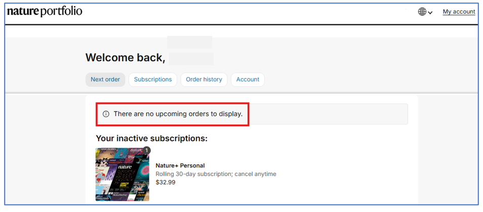 Nature+ Abonnement als inaktiv hervorgehoben. Nature+ Subscription highlighted as inactive.