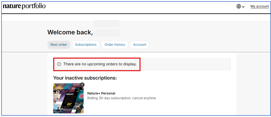 Subscription confirming there are no upcoming orders