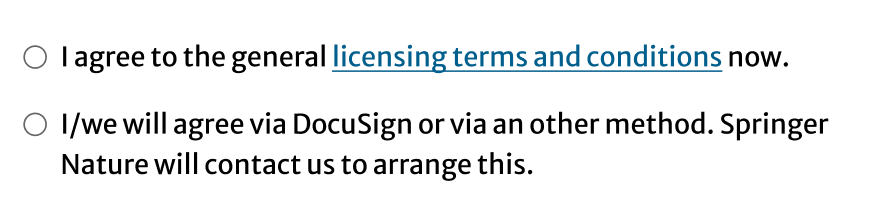 Two radio options: agree to licensing terms now (link), or defer agreement via DocuSign or other method.