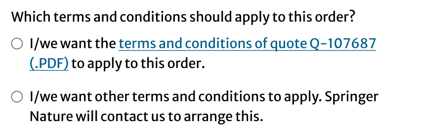 Two radio options: apply terms of quote Q-107687 (PDF) or request other terms to be arranged.
