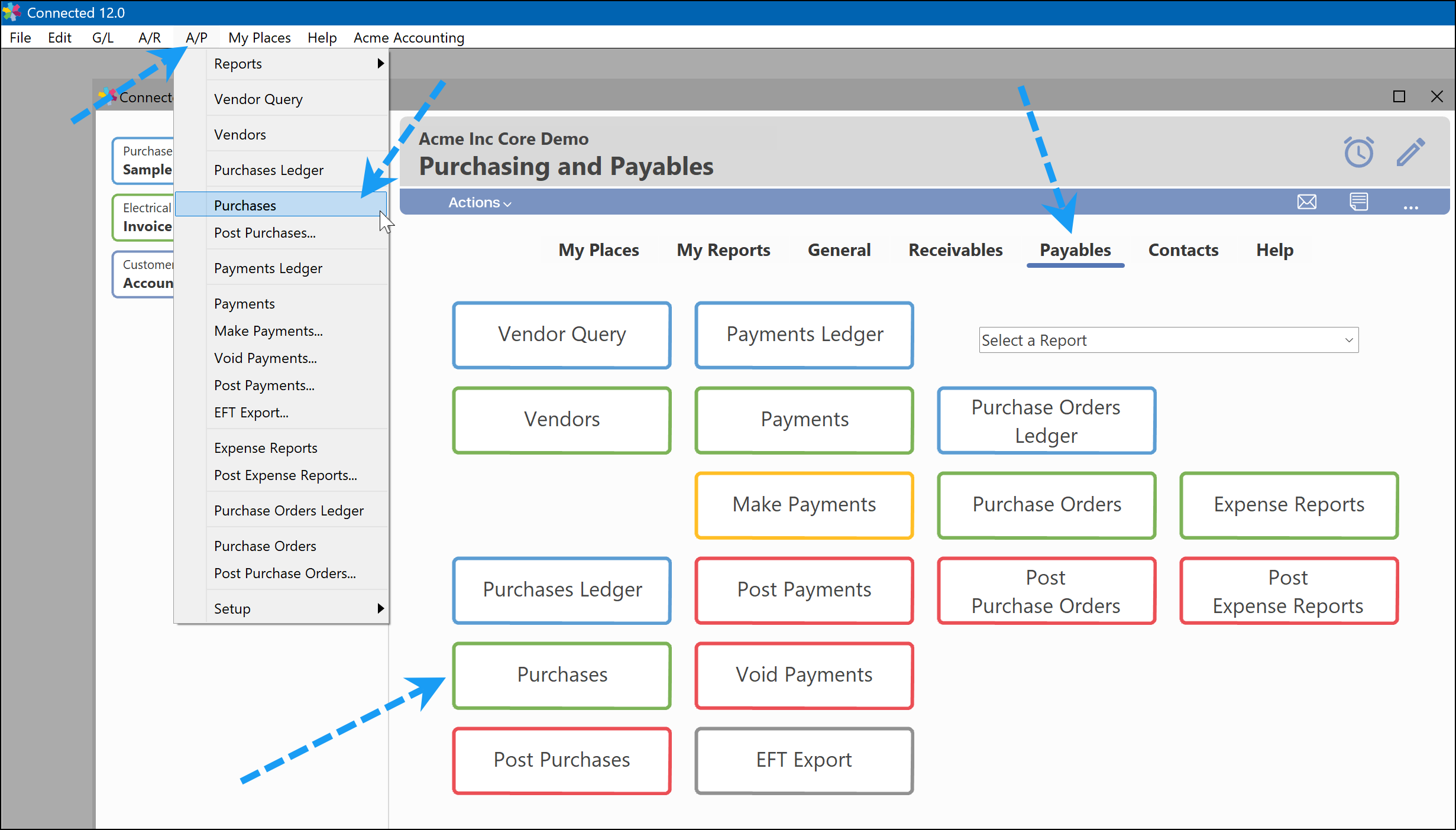 Select Purchases from the A/P menu
