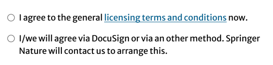 Two radio options: agree to licensing terms now (link), or defer agreement via DocuSign or other method.