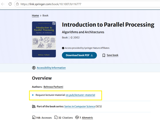 A screenshot of a book product page on Springer Nature Link wher the Request Lecturer Maternal link is highlighted in a yellow rectangle.