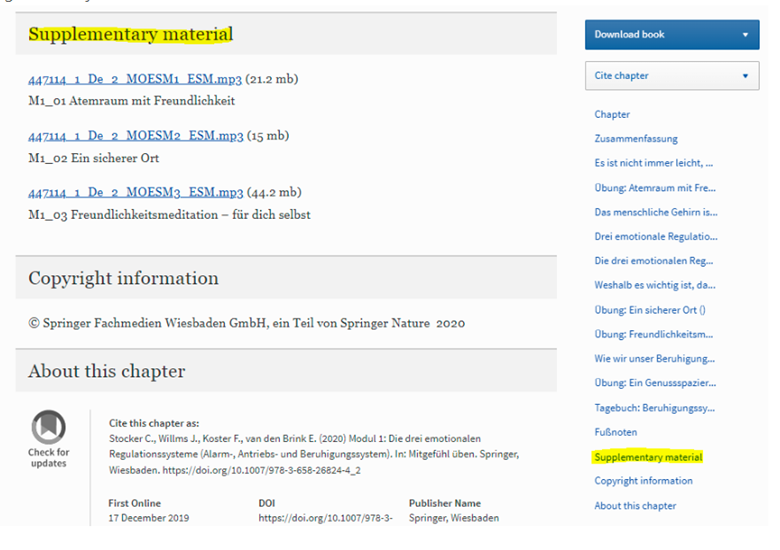 Springer Nature Link 的图书章节页面，页面右侧显示“Supplementary material”选项，可用于查看或下载补充材料。