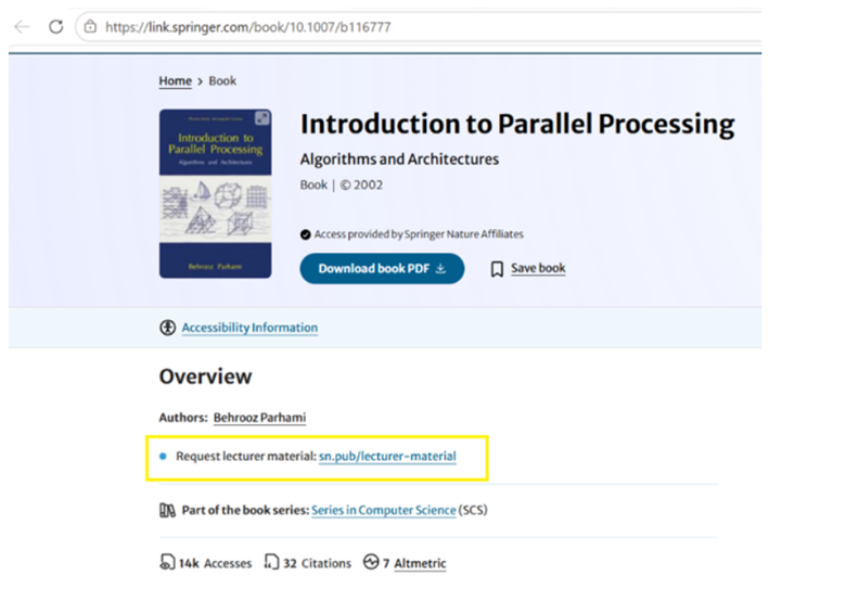 Springer Nature Link 的图书产品页面，其中“Request Lecturer Material”链接被黄色矩形框突出标示。
