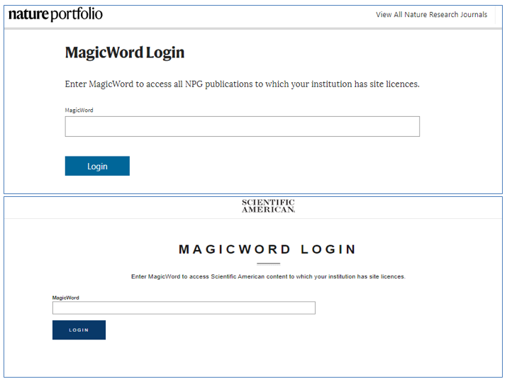 Screenshot of two login pages for Nature Portfolio and Scientific American, each requiring a 'MagicWord' for access to publications.