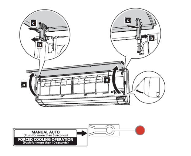 Location of the MANUAL AUTO button on a wall-mounted indoor unit