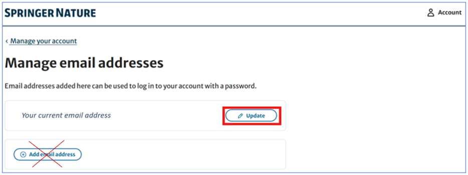 E-Mail-Adressen verwalten Seite mit "Aktualisieren“ im roten Rahmen hervorgehoben. Manage email addresses page with "Update" surrounded by red box.