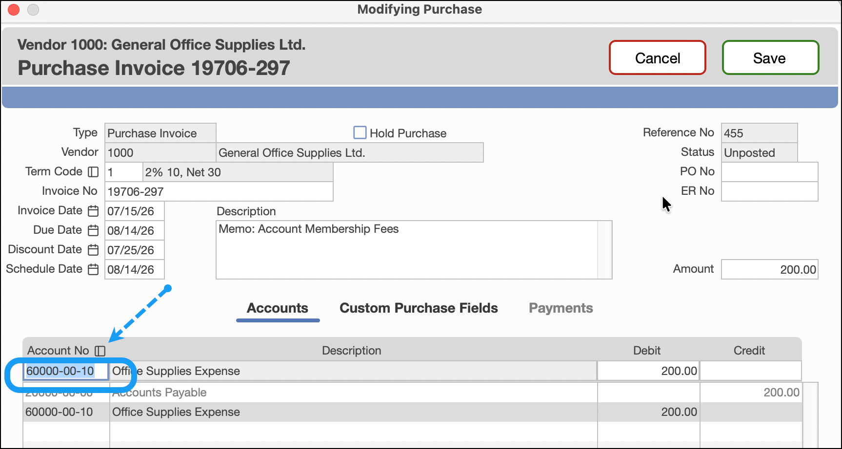 Modify a saved purchase entry