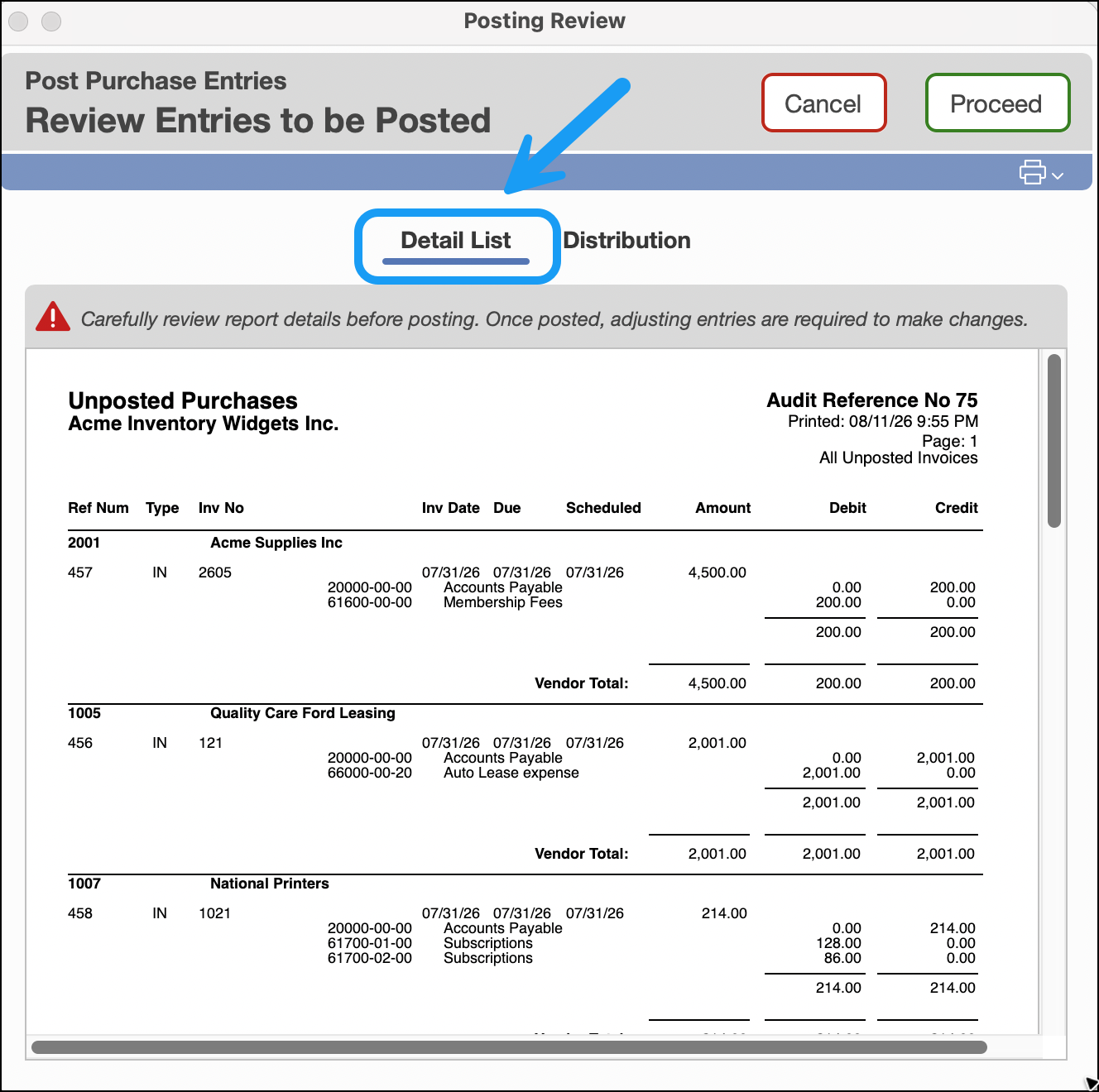 Posting Review Detail List screen