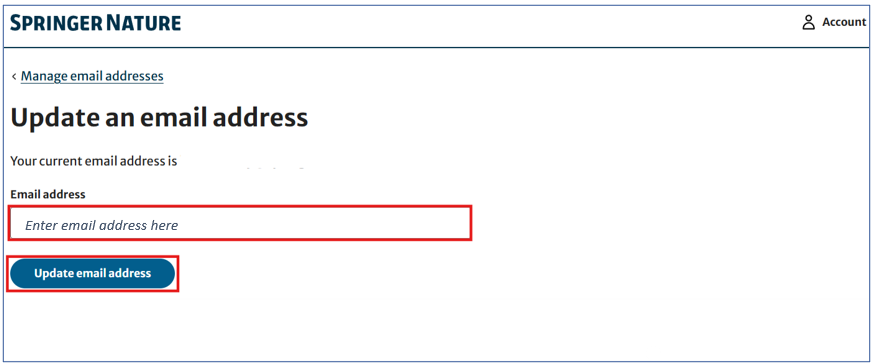 新しいメールアドレス入力欄とUpdate email address ボタン 