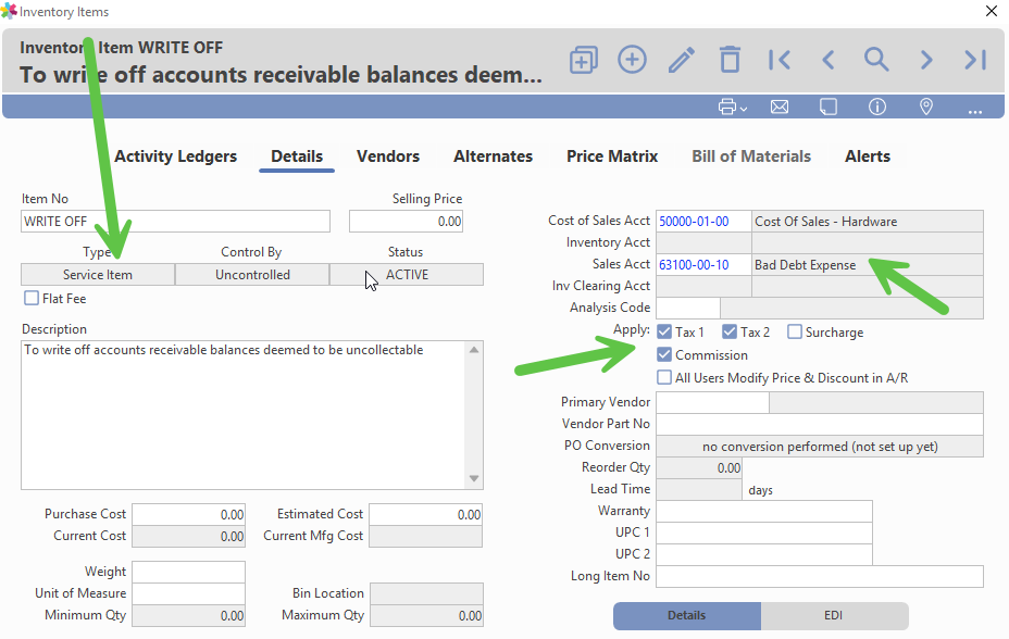 Service item setup with Connected Inventory ON