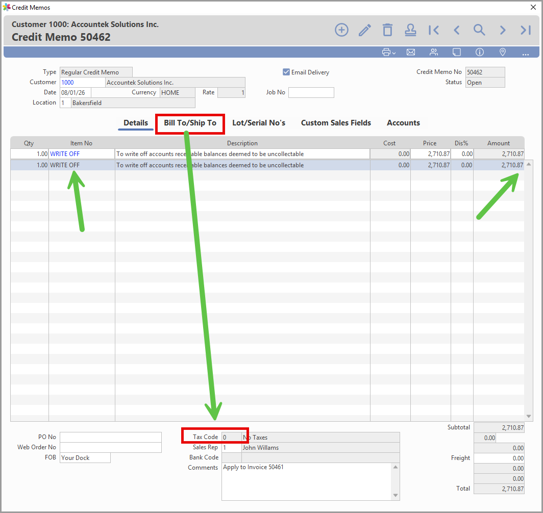 Credit memo entry example for write-off