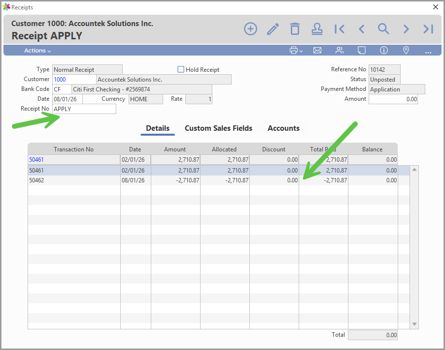 Application receipt entry example