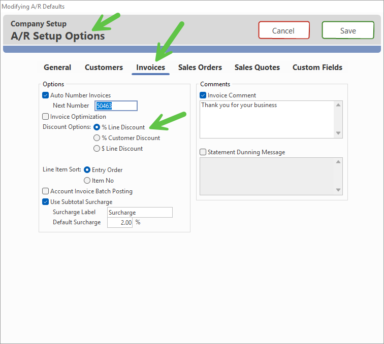 A/R Defaults Invoices tab showing the Discount Option selection