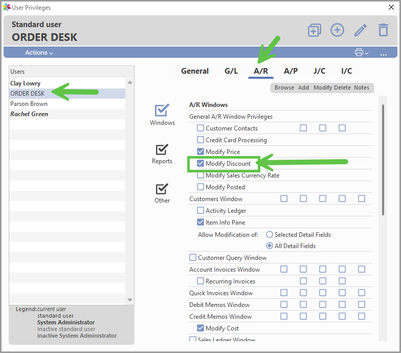 User Privileges screen showing the Modify Discount checkbox