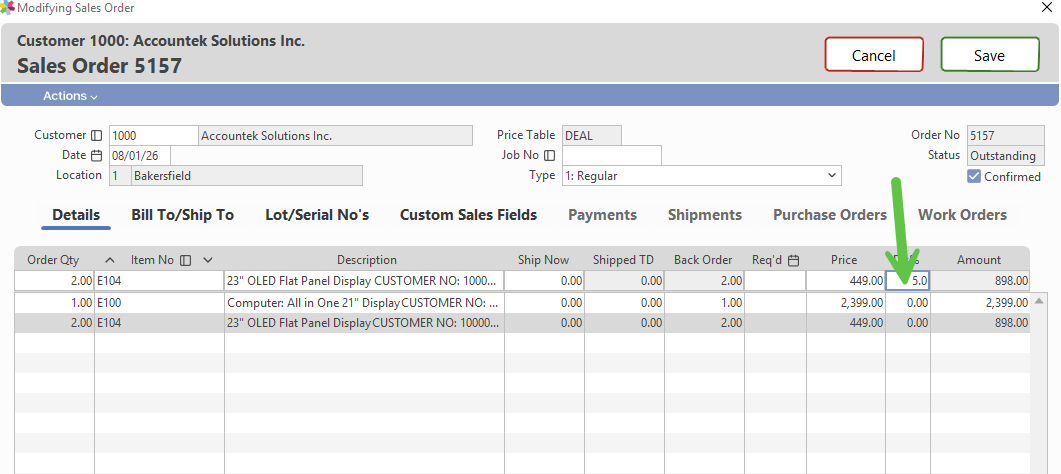 Discount field enabled on a line item when Modify Discount is checked