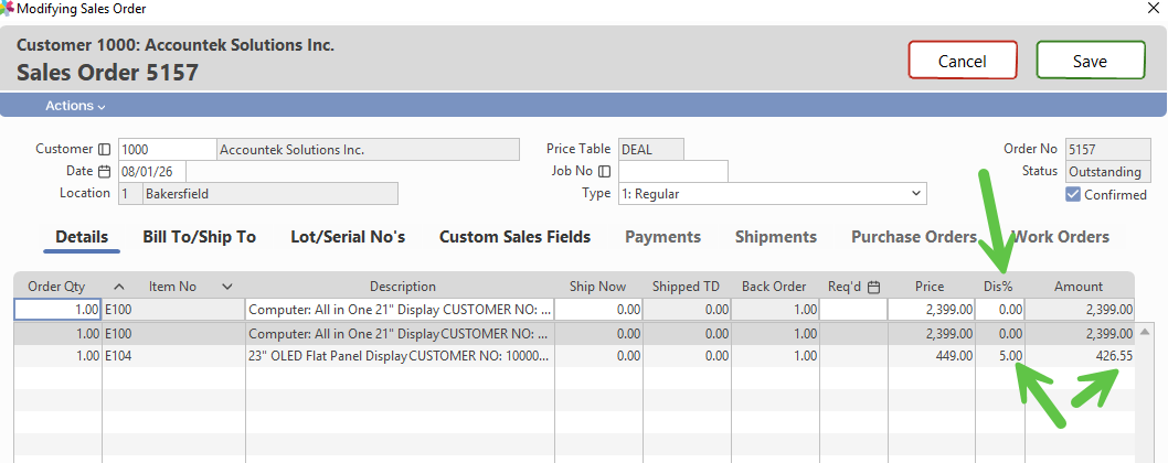 Example of a 5% Line Discount applied to a single line item