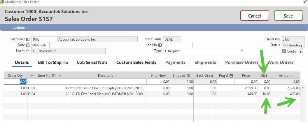 Example of $ Line Discounts applied to two separate line items