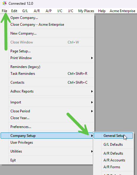 File menu path to Company Setup General Setup