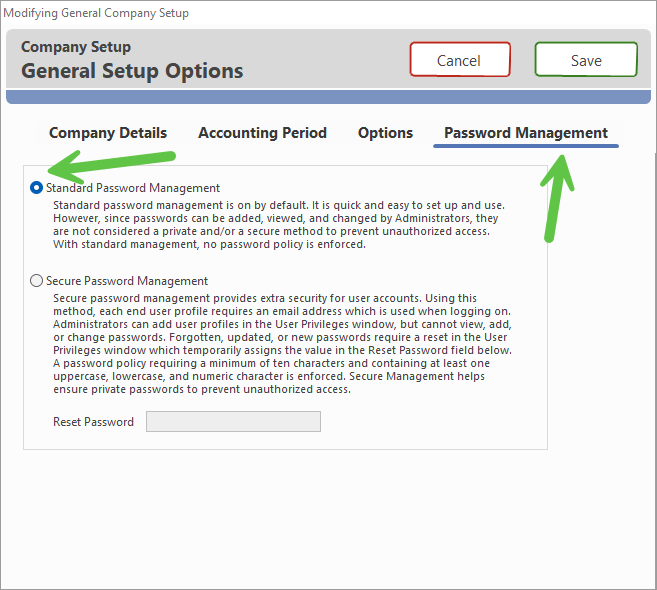 Password Management tab showing the current setting