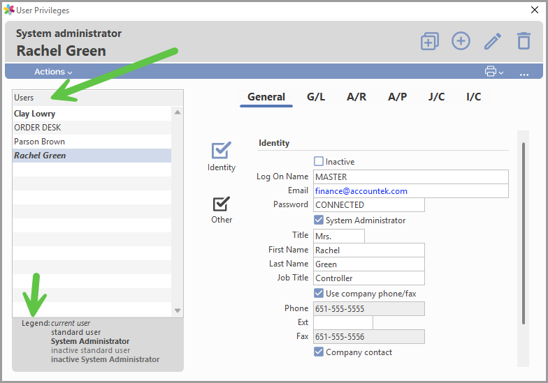 User Privileges window with the Users list on the left