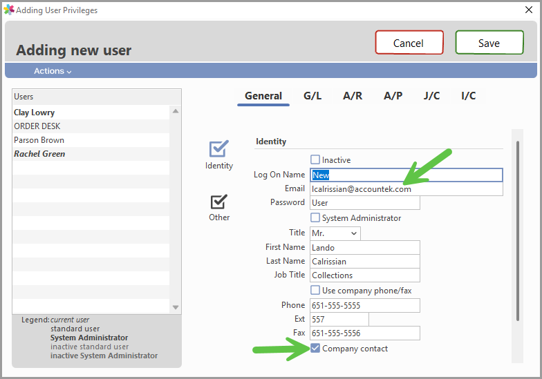 Email address field and Company Contact checkbox in User Privileges