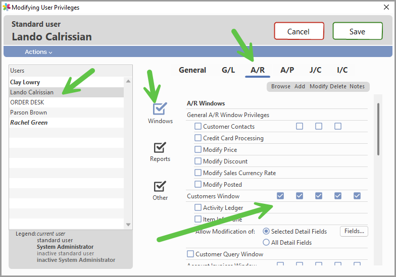 A/R tab example configuration in User Privileges