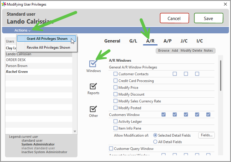 Action menu with Grant All Privileges Shown selected