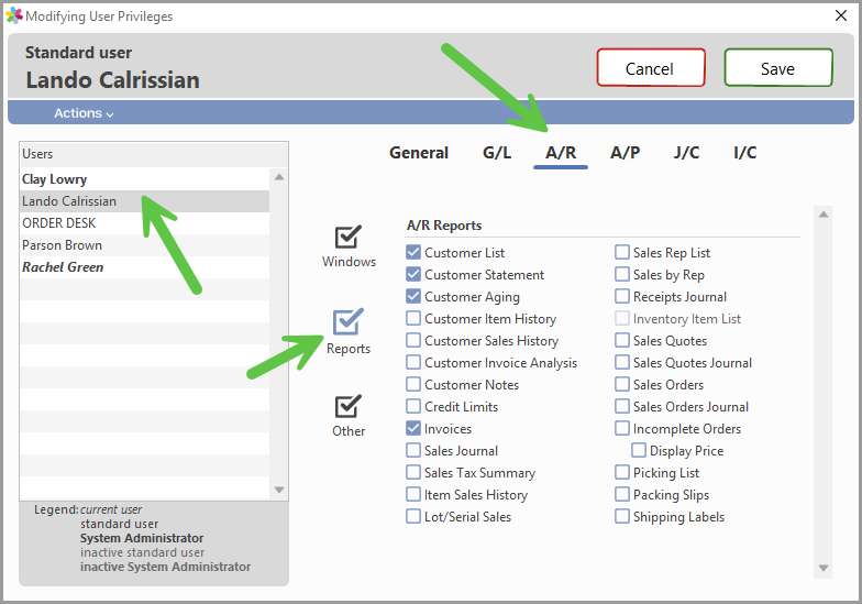 Reports checkbox showing available reports for a module