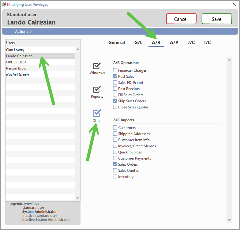 Other checkbox showing available options such as posting and importing
