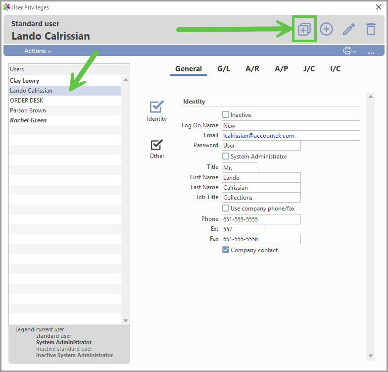 Clone button in the Users pane of User Privileges